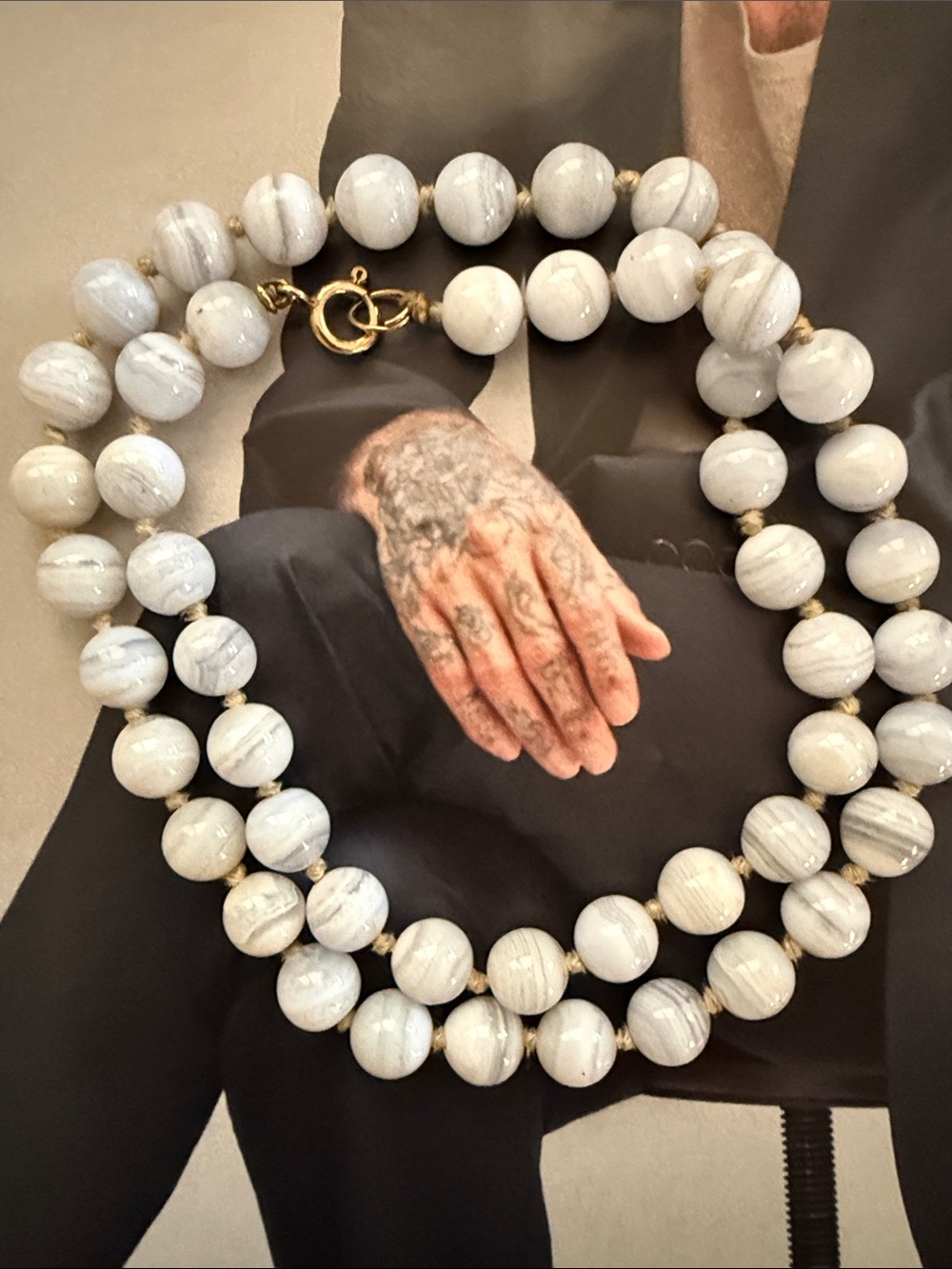 Agate (?) Bead Necklace with Gold clasp